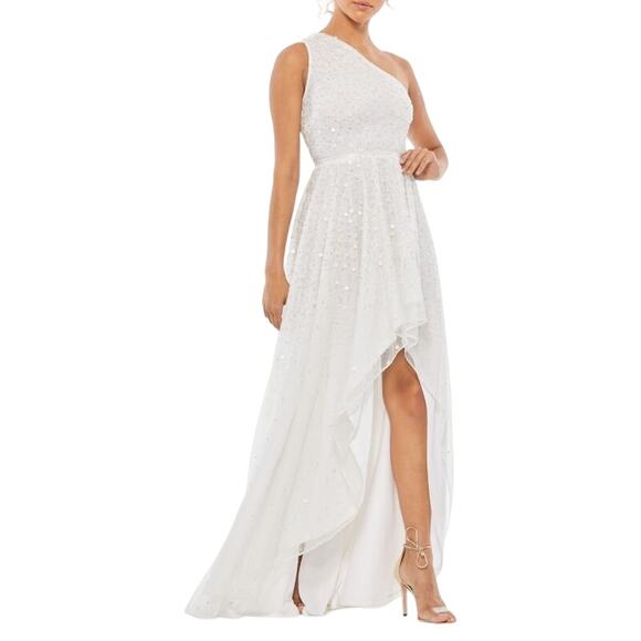 Mac Duggal NWT Embellished High-Low One Shoulder Gown in White Size 10 - Picture 1 of 8